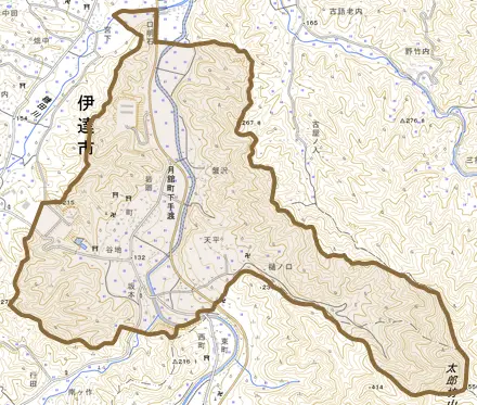 月舘町下手渡とその周辺の地図。町の範囲を重ねている