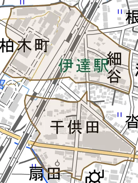 梁川町細谷とその周辺の地図。町の範囲を重ねている