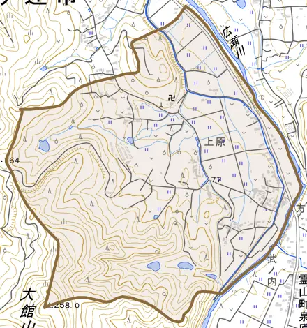 梁川町大関とその周辺の地図。町の範囲を重ねている