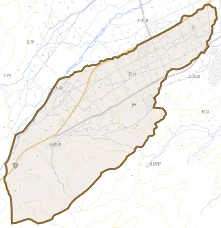 荒井とその周辺の地図。町の範囲を重ねている
