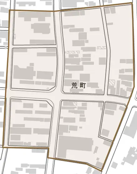 荒町とその周辺の地図。町の範囲を重ねている