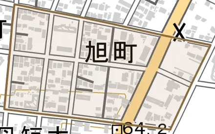 旭町とその周辺の地図。町の範囲を重ねている