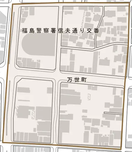 万世町とその周辺の地図。町の範囲を重ねている