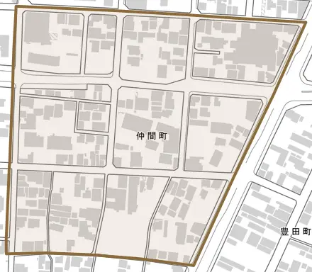 仲間町とその周辺の地図。町の範囲を重ねている