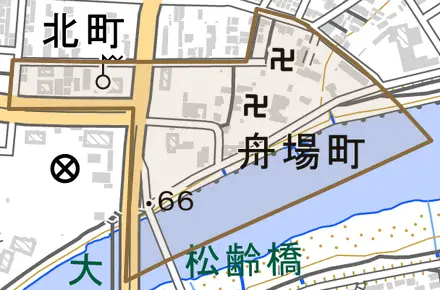 舟場町とその周辺の地図。町の範囲を重ねている