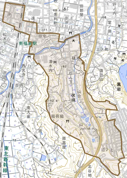 伏拝とその周辺の地図。町の範囲を重ねている