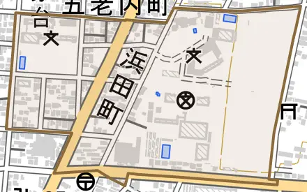 浜田町とその周辺の地図。町の範囲を重ねている