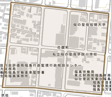 花園町とその周辺の地図。町の範囲を重ねている