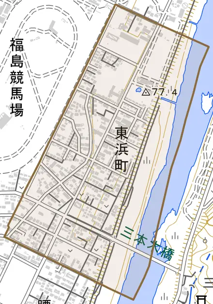 東浜町とその周辺の地図。町の範囲を重ねている