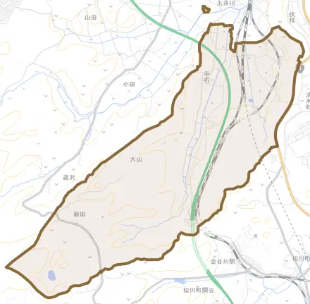 平石とその周辺の地図。町の範囲を重ねている