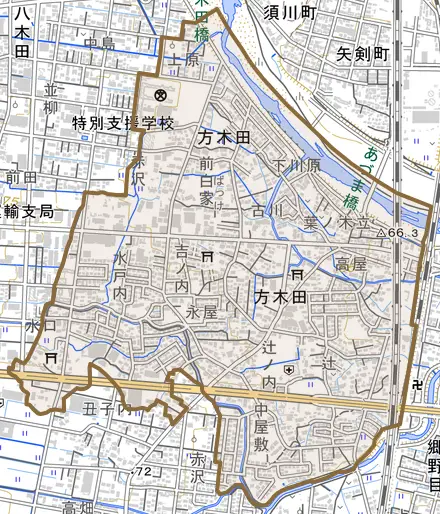 方木田とその周辺の地図。町の範囲を重ねている