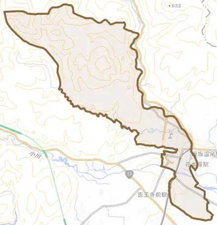 飯坂町とその周辺の地図。町の範囲を重ねている