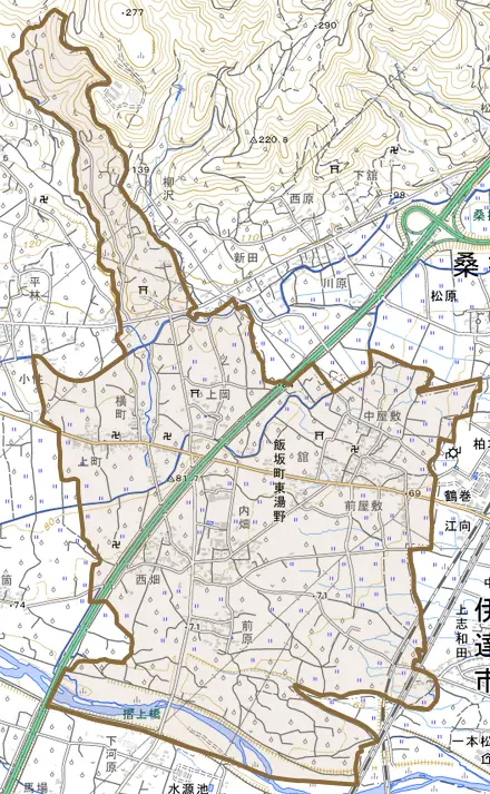 飯坂町東湯野とその周辺の地図。町の範囲を重ねている