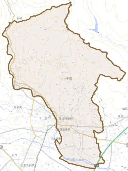 飯坂町湯野とその周辺の地図。町の範囲を重ねている