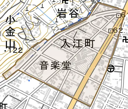 入江町とその周辺の地図。町の範囲を重ねている