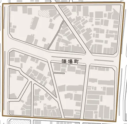 陣場町とその周辺の地図。町の範囲を重ねている