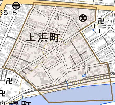 上浜町とその周辺の地図。町の範囲を重ねている
