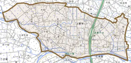 上野寺とその周辺の地図。町の範囲を重ねている