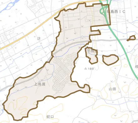 上鳥渡とその周辺の地図。町の範囲を重ねている