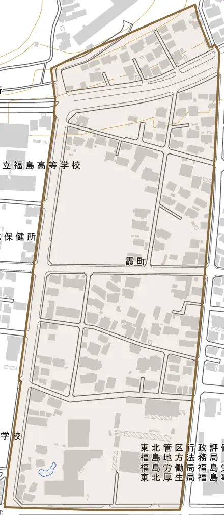 霞町とその周辺の地図。町の範囲を重ねている