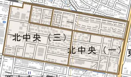 北中央とその周辺の地図。町の範囲を重ねている