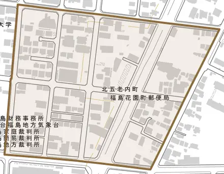 北五老内町とその周辺の地図。町の範囲を重ねている