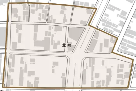 北町とその周辺の地図。町の範囲を重ねている
