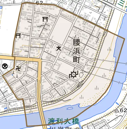 腰浜町とその周辺の地図。町の範囲を重ねている