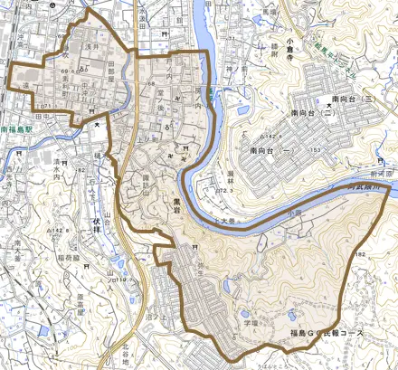 黒岩とその周辺の地図。町の範囲を重ねている