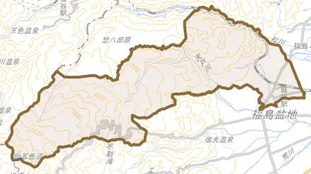 町庭坂とその周辺の地図。町の範囲を重ねている