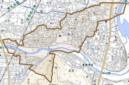 丸子とその周辺の地図。町の範囲を重ねている