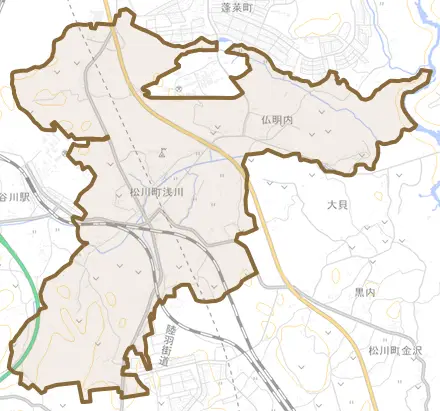 松川町浅川とその周辺の地図。町の範囲を重ねている