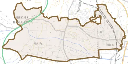 松川町とその周辺の地図。町の範囲を重ねている