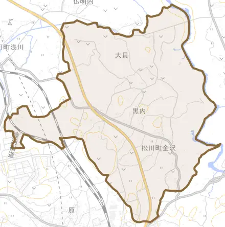 松川町金沢とその周辺の地図。町の範囲を重ねている
