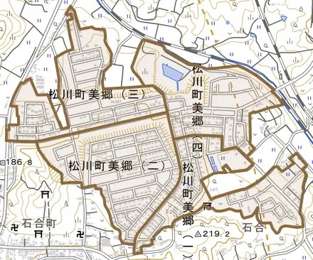 松川町美郷とその周辺の地図。町の範囲を重ねている