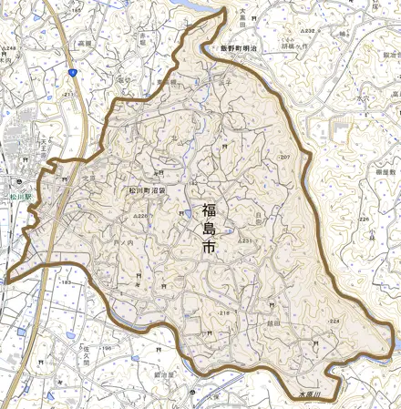 松川町沼袋とその周辺の地図。町の範囲を重ねている