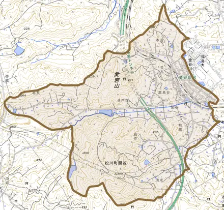 松川町関谷とその周辺の地図。町の範囲を重ねている