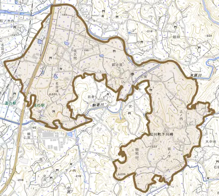 松川町下川崎とその周辺の地図。町の範囲を重ねている