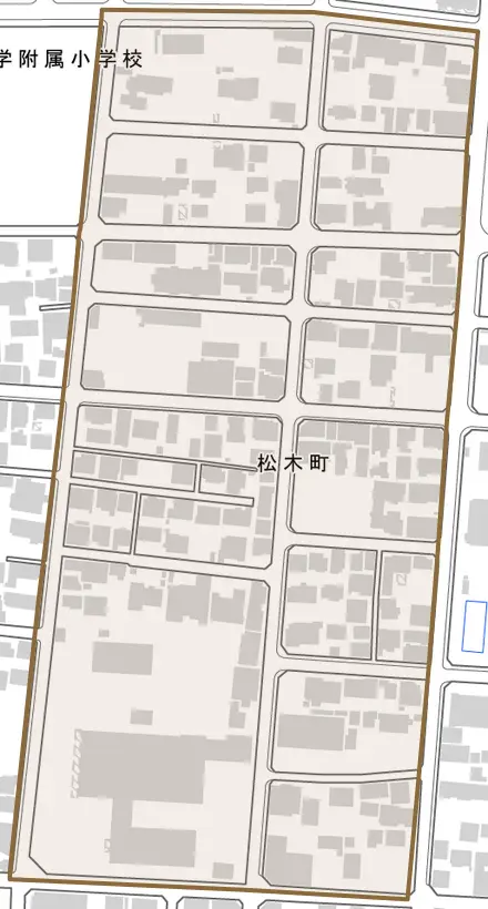 松木町とその周辺の地図。町の範囲を重ねている