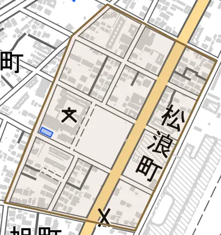 松浪町とその周辺の地図。町の範囲を重ねている