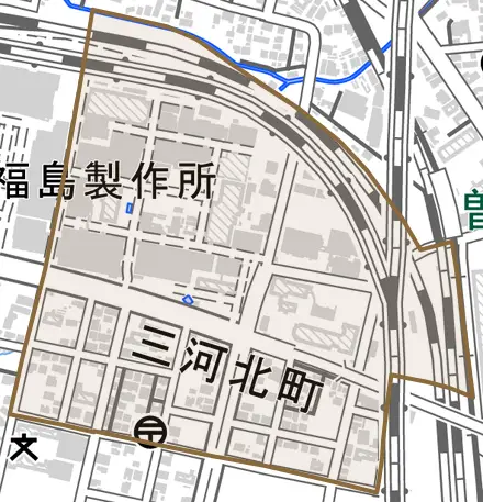 三河北町とその周辺の地図。町の範囲を重ねている