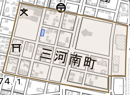 三河南町とその周辺の地図。町の範囲を重ねている