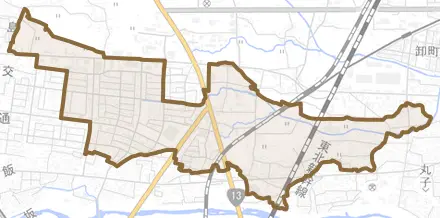南矢野目とその周辺の地図。町の範囲を重ねている