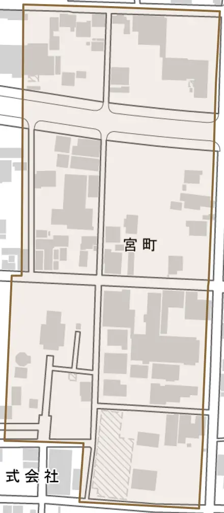 宮町とその周辺の地図。町の範囲を重ねている