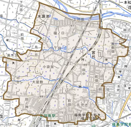 宮代とその周辺の地図。町の範囲を重ねている