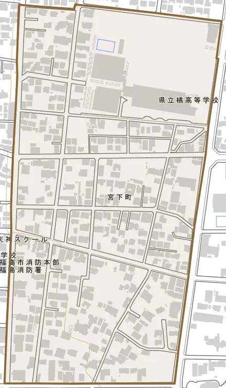 宮下町とその周辺の地図。町の範囲を重ねている