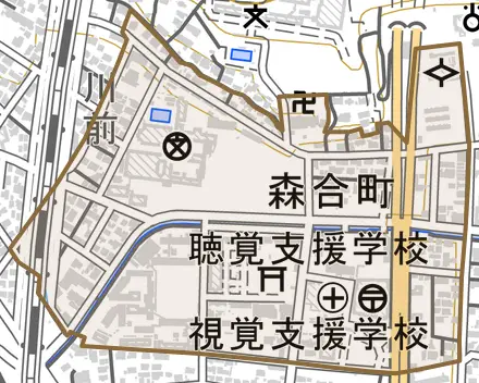 森合町とその周辺の地図。町の範囲を重ねている