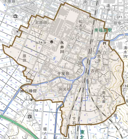 永井川とその周辺の地図。町の範囲を重ねている