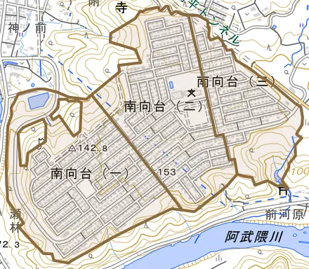 南向台とその周辺の地図。町の範囲を重ねている