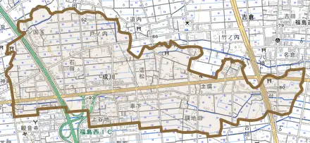 成川とその周辺の地図。町の範囲を重ねている